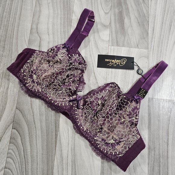 Dita Von Teese Evelina Aubergine Plum Unlined Embroidered Bra, Size 38B - Picture 3 of 10